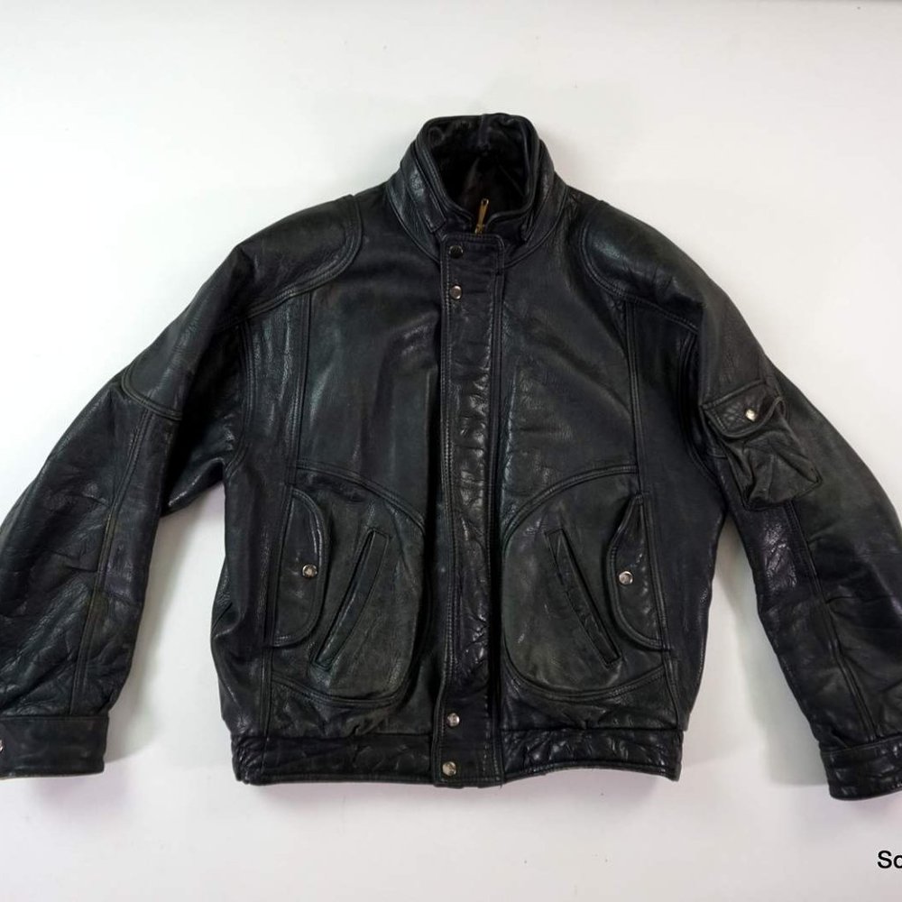 Vtg 60s 70s Leather Motorcycle Jacket Black Distressed Biker Talon Zipper L/XL